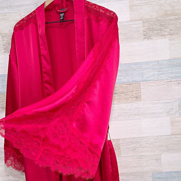 Victorias Secret Satin Lace Lingerie Robe Red Tie Waist Intimates Womens Medium - Picture 4 of 8